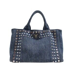 Prada Canapa Denim Handbag Tote Bag Blue Canvas the
